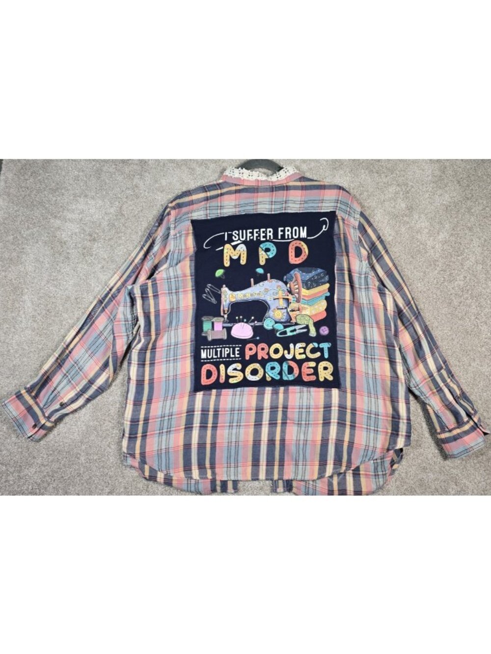 OOAK Upcycled Shirt Shacket Crafters Humor Appliques Graphic Wearable Art sz 2x